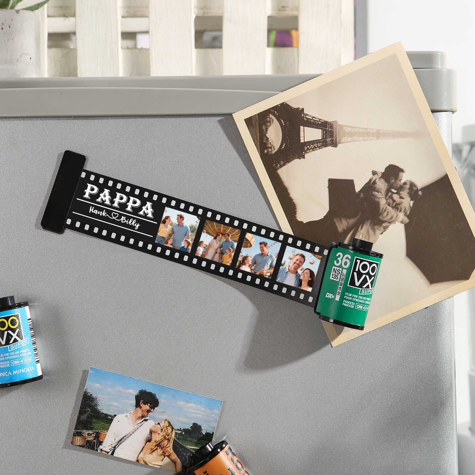 2 Names & 4 Photos Family Fridge Magnet Film Roll – Personalized Keepsake Keychain Gift for Dad & Grandad | Lorajewel