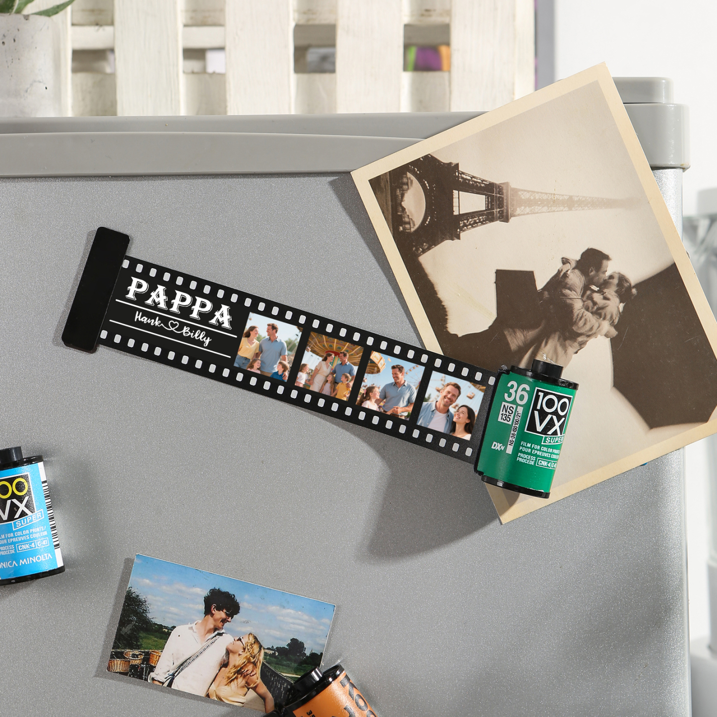 2 Names & 4 Photos Family Fridge Magnet Film Roll – Personalized Keepsake Keychain Gift for Dad & Grandad | Lorajewel