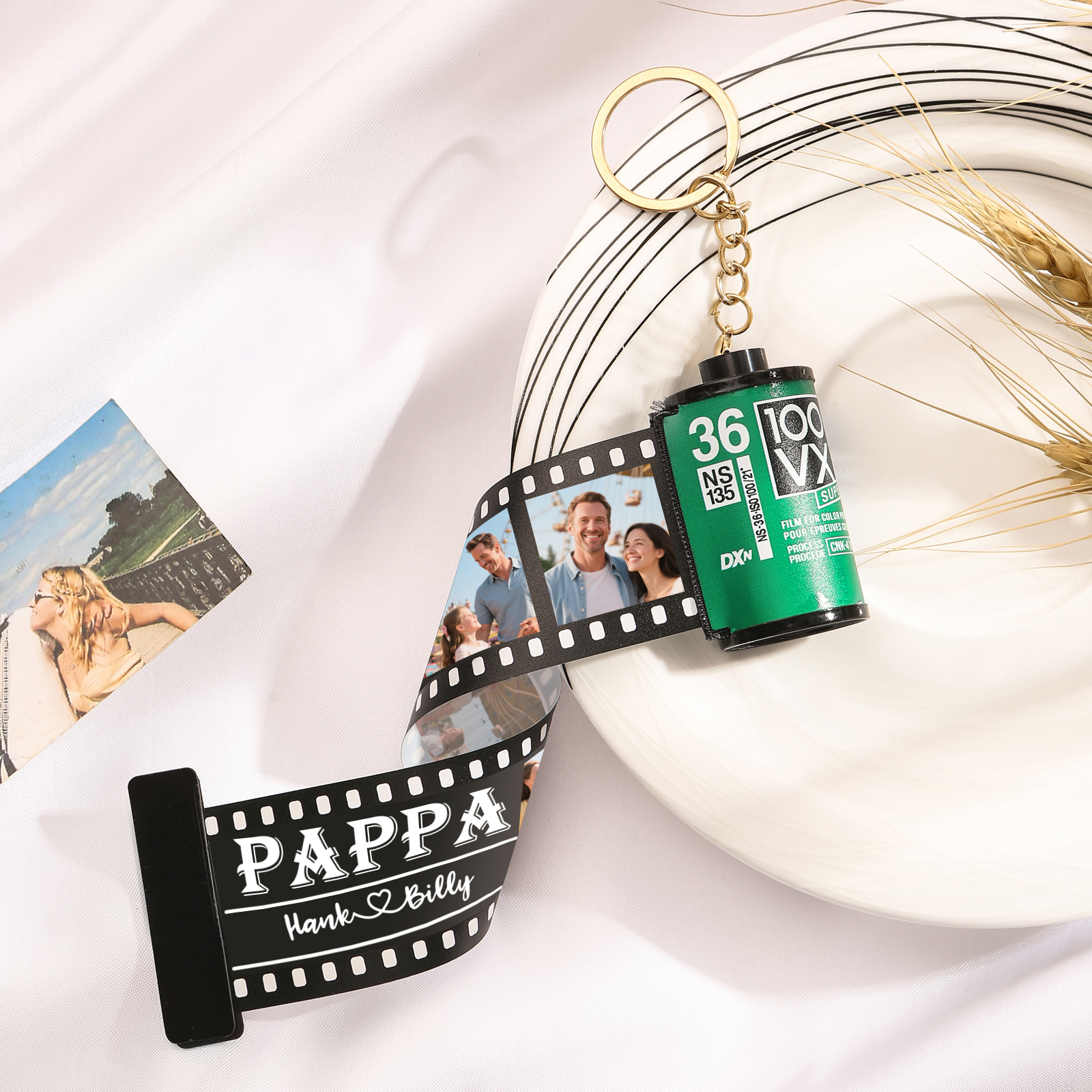 2 Names & 4 Photos Family Fridge Magnet Film Roll – Personalized Keepsake Keychain Gift for Dad & Grandad | Lorajewel