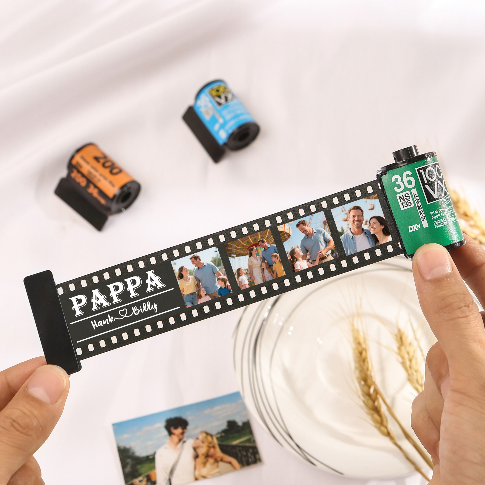 2 Names & 4 Photos Family Fridge Magnet Film Roll – Personalized Keepsake Keychain Gift for Dad & Grandad | Lorajewel