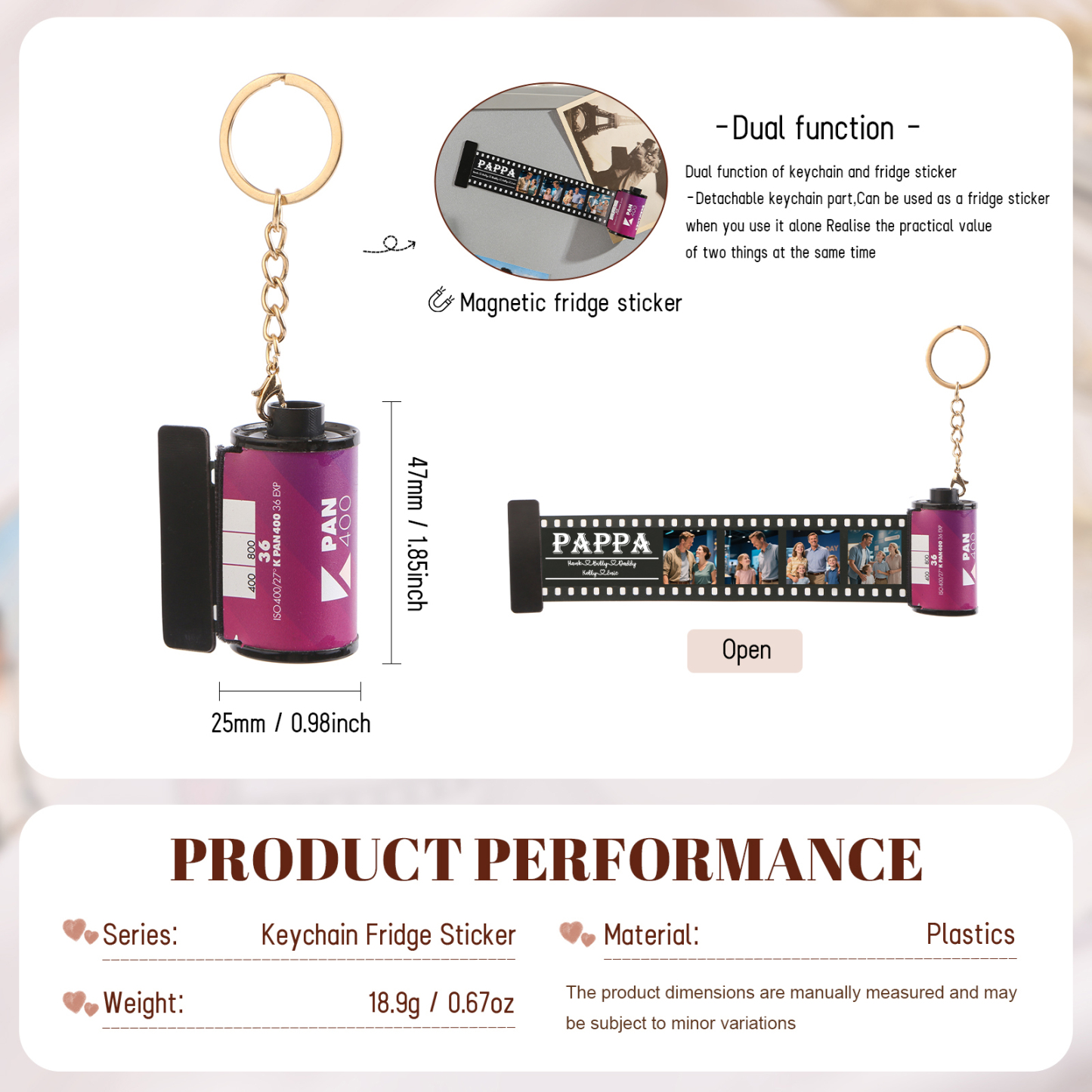 5 Names & 4 Photos Family Fridge Magnet Film Roll – Personalized Keepsake Keychain Gift for Dad & Grandad | Lorajewel