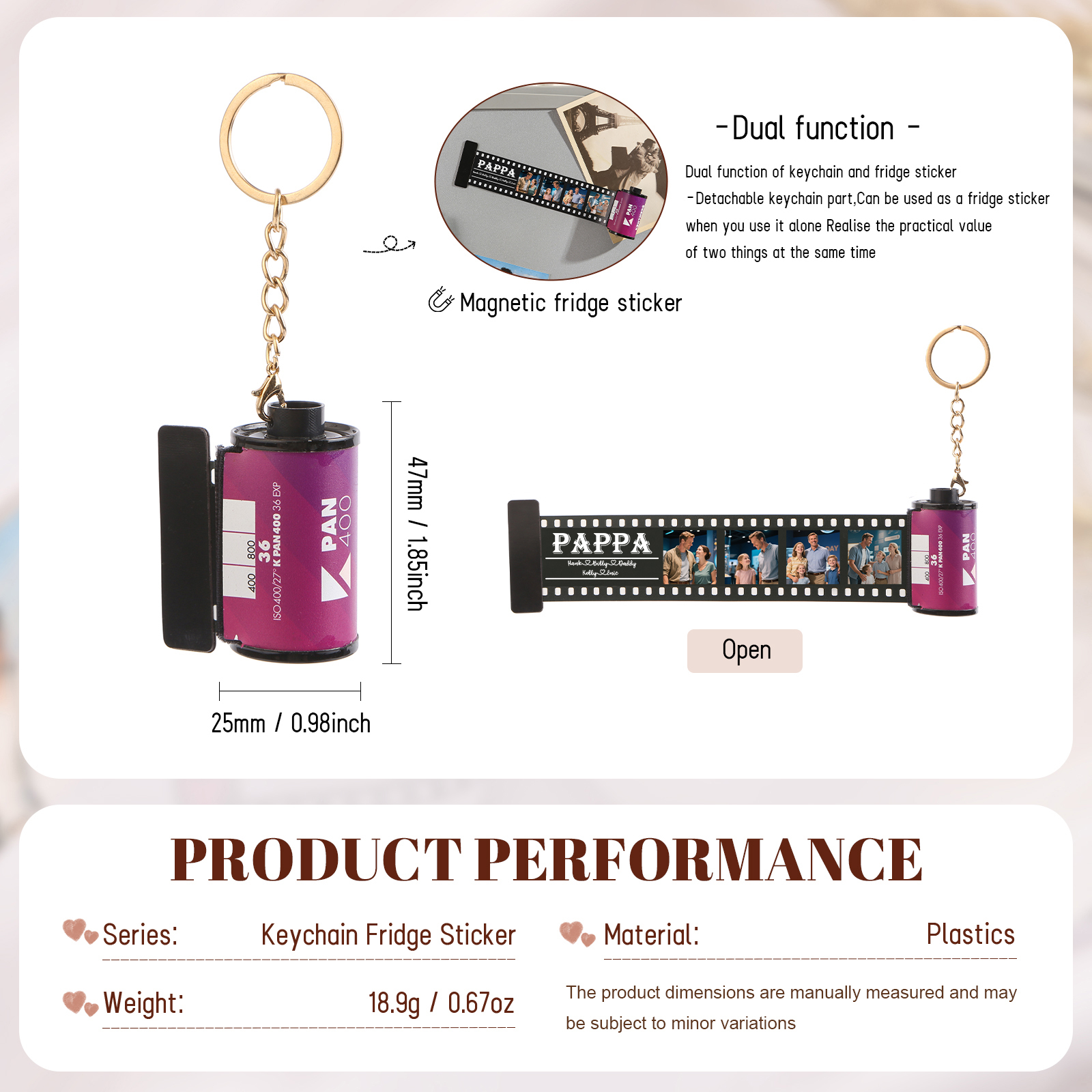 5 Names & 4 Photos Family Fridge Magnet Film Roll – Personalized Keepsake Keychain Gift for Dad & Grandad | Lorajewel