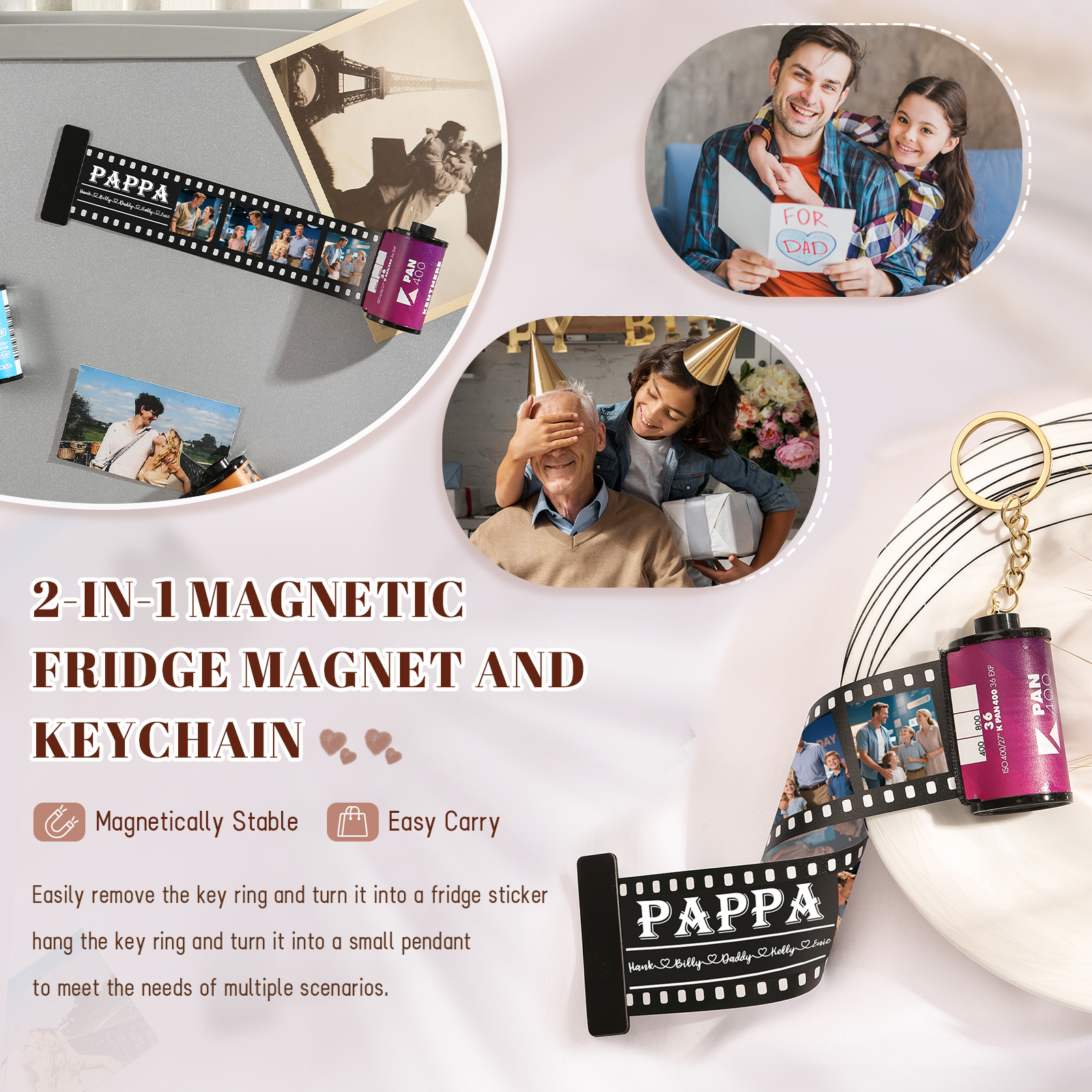 5 Names & 4 Photos Family Fridge Magnet Film Roll – Personalized Keepsake Keychain Gift for Dad & Grandad | Lorajewel