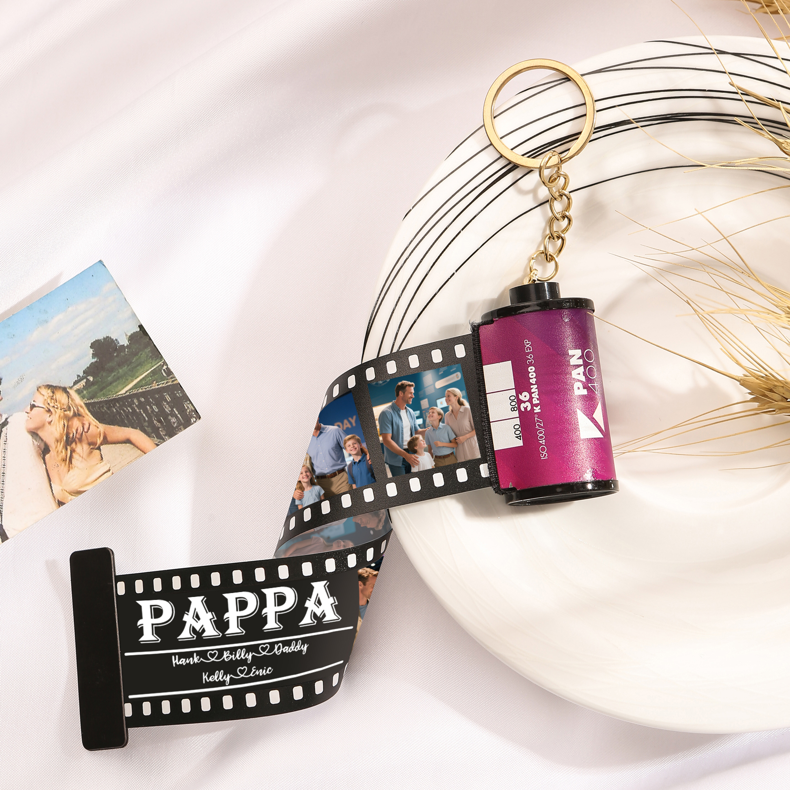 5 Names & 4 Photos Family Fridge Magnet Film Roll – Personalized Keepsake Keychain Gift for Dad & Grandad | Lorajewel