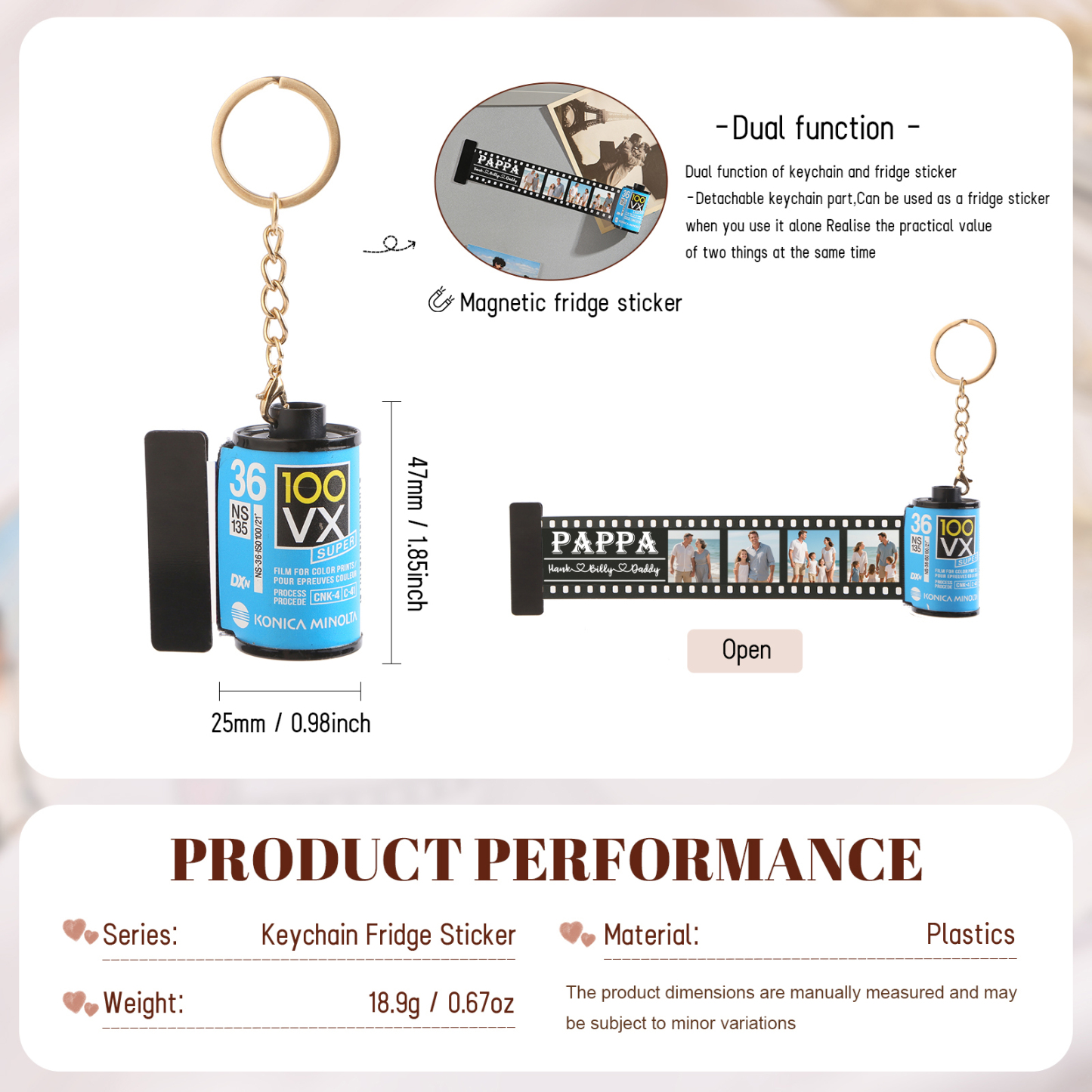 3 Names & 4 Photos Family Fridge Magnet Film Roll – Personalized Keepsake Keychain Gift for Dad & Grandad | Lorajewel