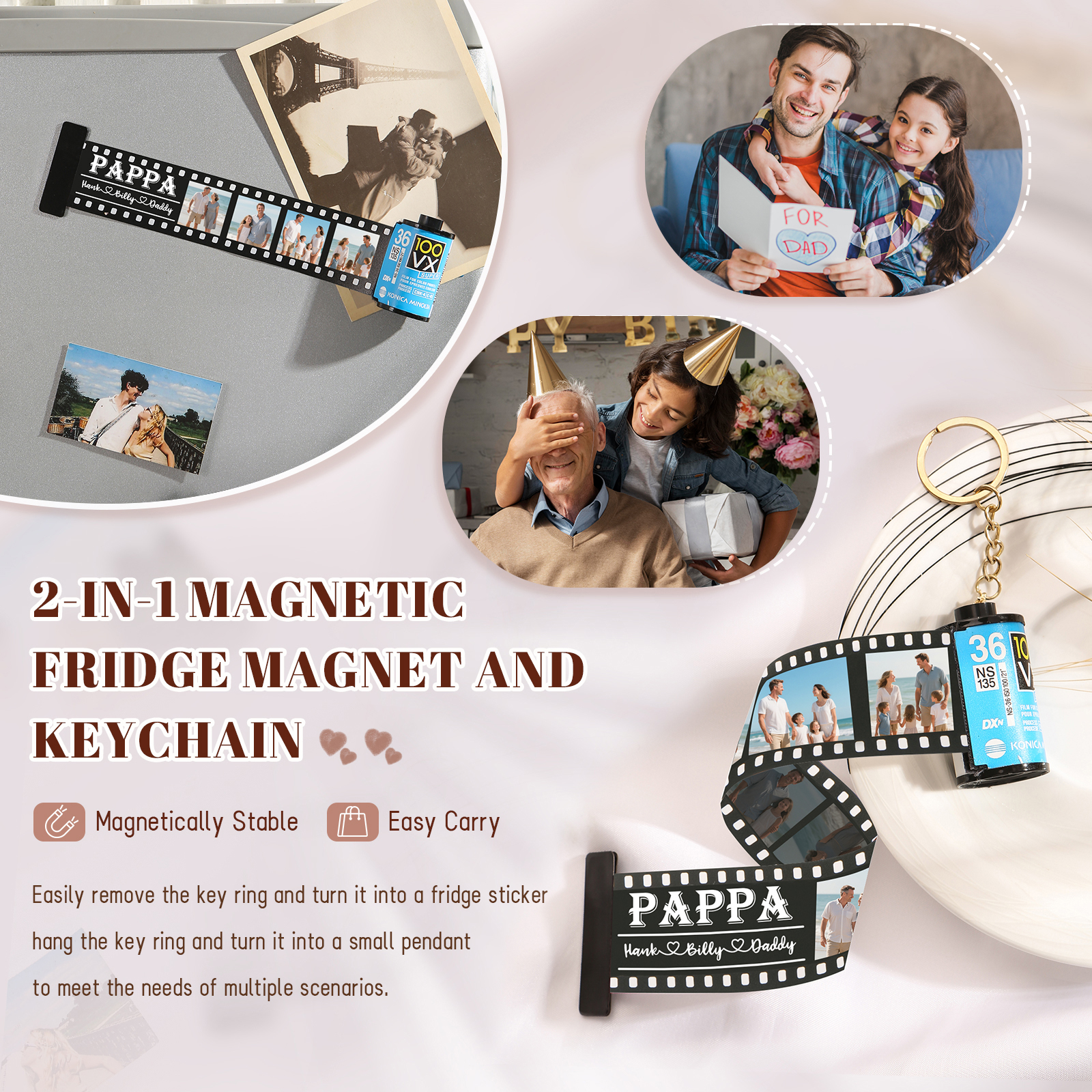 3 Names & 4 Photos Family Fridge Magnet Film Roll – Personalized Keepsake Keychain Gift for Dad & Grandad | Lorajewel