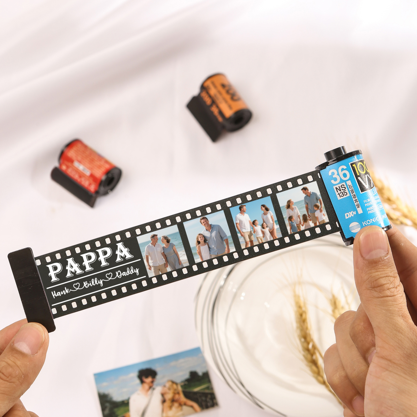 3 Names & 4 Photos Family Fridge Magnet Film Roll – Personalized Keepsake Keychain Gift for Dad & Grandad | Lorajewel