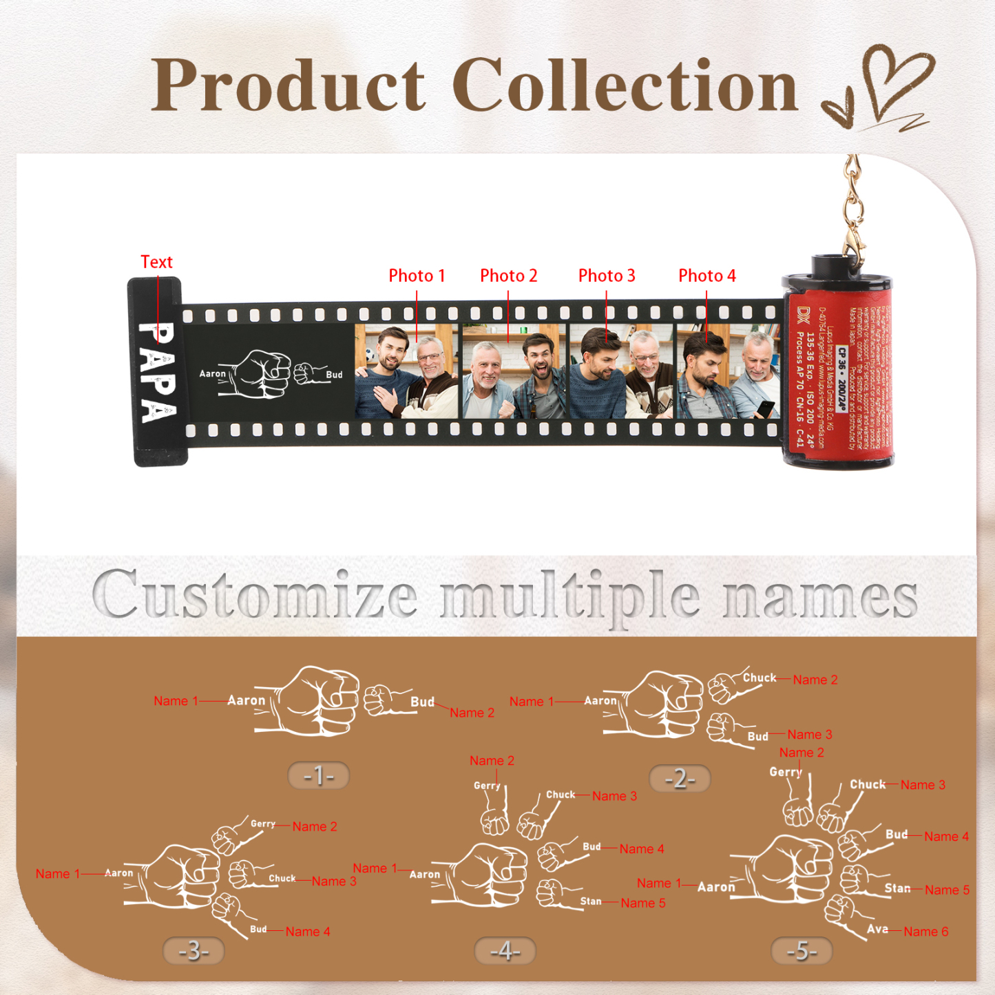 Custom Photo Film Roll Keychain – Personalized with Names & Photos | Lorajewel