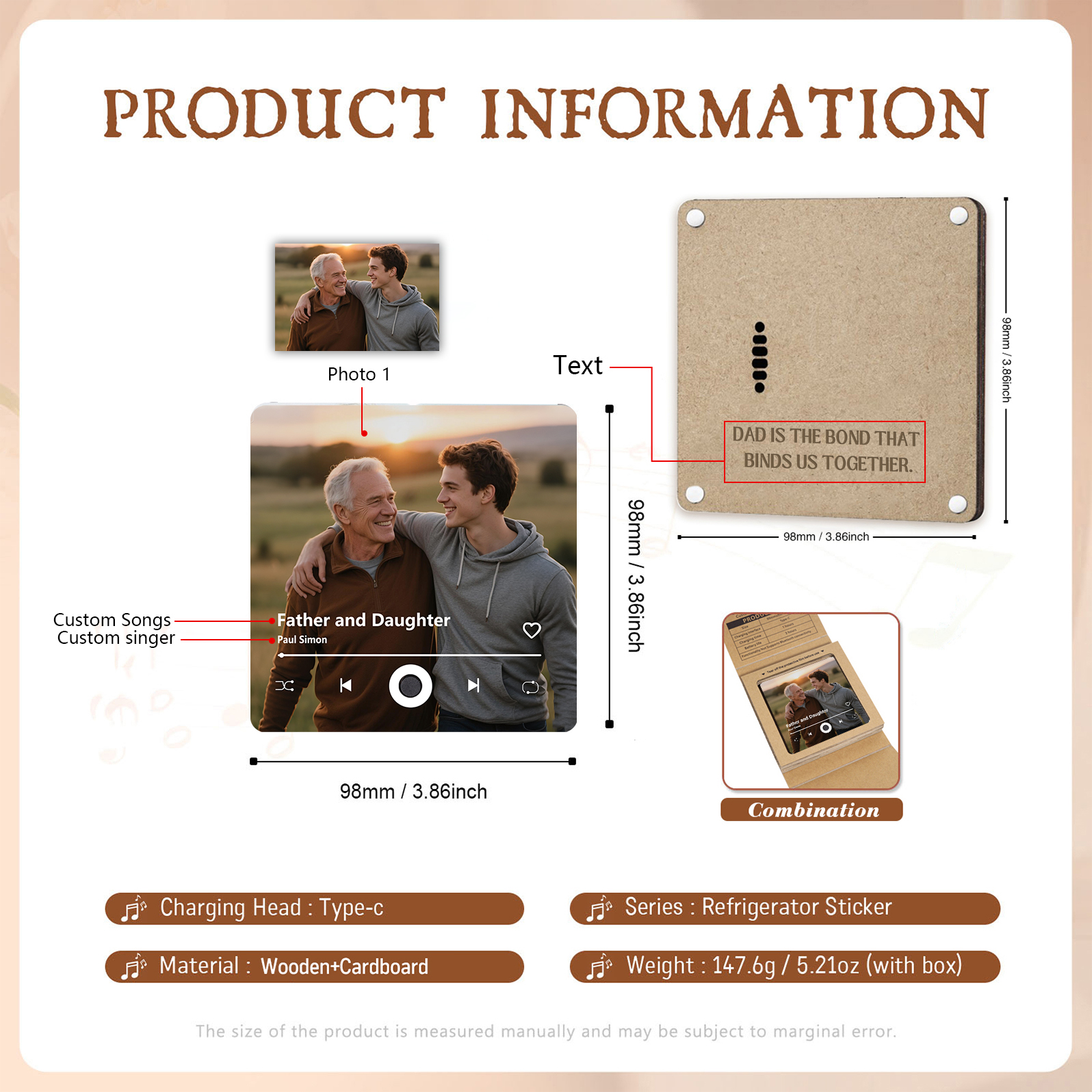 Personalized Music Fridge Magnet – Custom Photo & Song & Text - Meaningful Gift for Loved Ones | Lorajewel