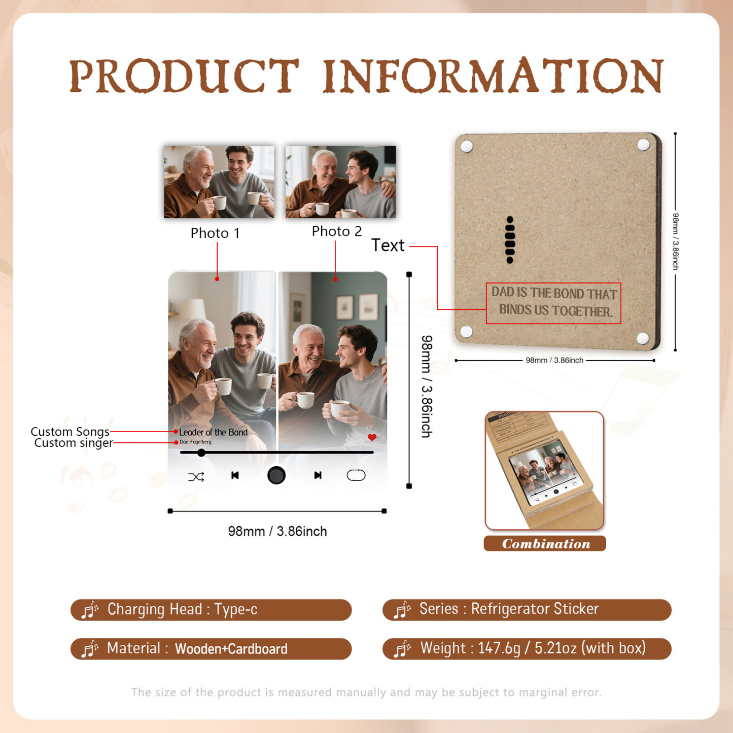 Personalized Music Fridge Magnet – Custom 2 Photos & 1 Song & 1 Text - Meaningful Gift for Loved Ones | Lorajewel