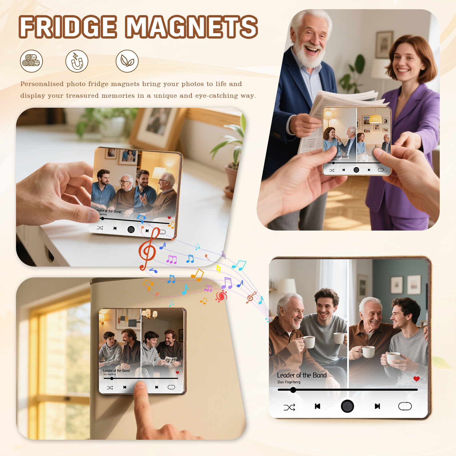 Personalized Music Fridge Magnet – Custom 2 Photos & 1 Song & 1 Text - Meaningful Gift for Loved Ones | Lorajewel