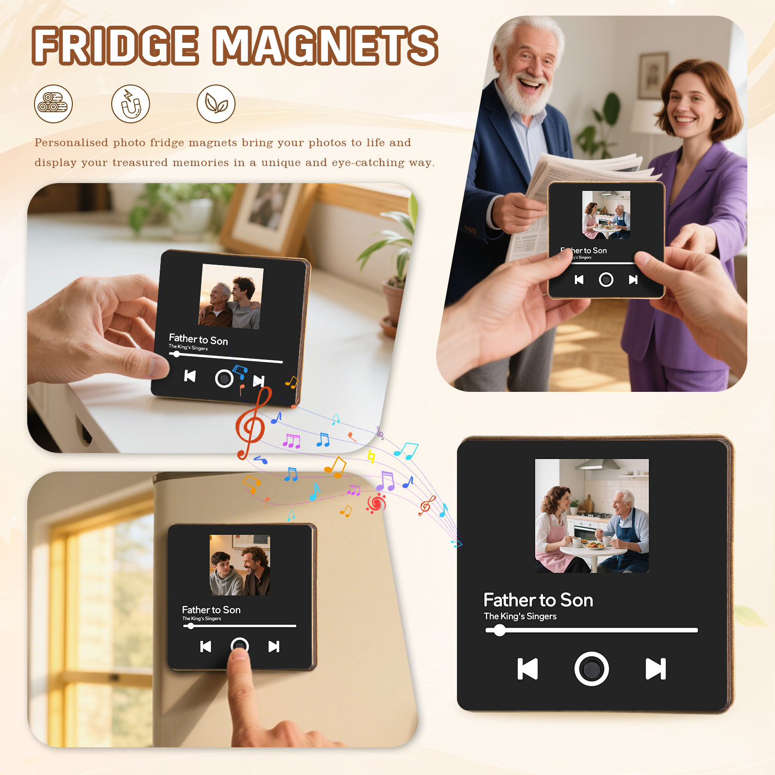 Personalized Music Fridge Magnet – Custom Photo & Song & Text - Elegant Black Gift for Loved Ones | Lorajewel