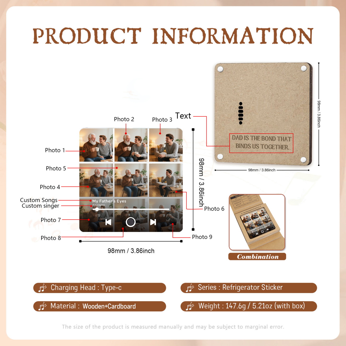 9 Photos Personalized Music Fridge Magnet – Custom Photo & Song & Text - Meaningful Gift for Loved Ones | Lorajewel