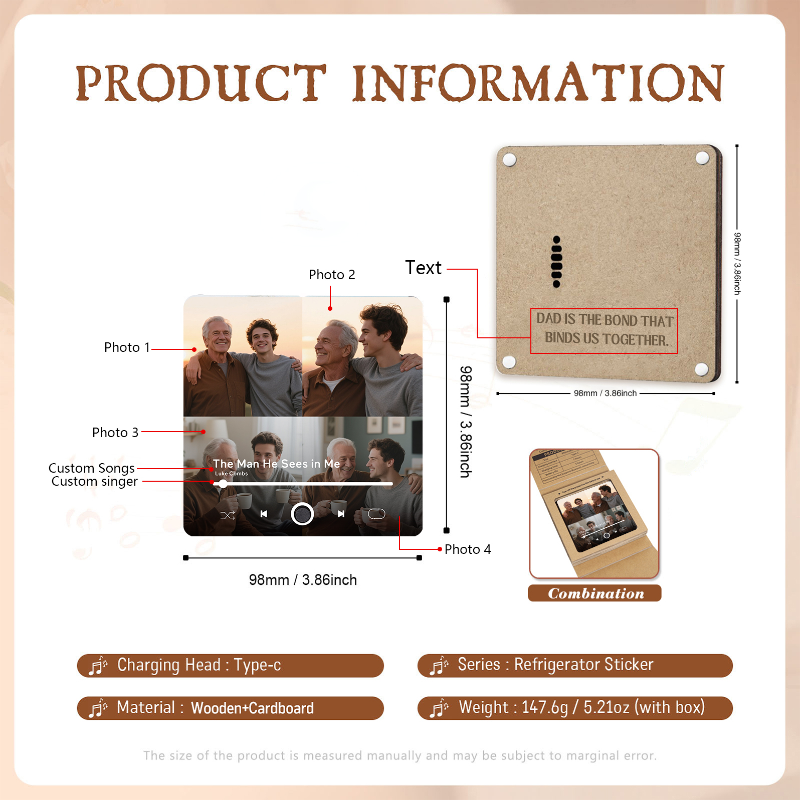 4 Photos Personalized Music Fridge Magnet – Custom Photo & Song & Text - Meaningful Gift for Loved Ones | Lorajewel