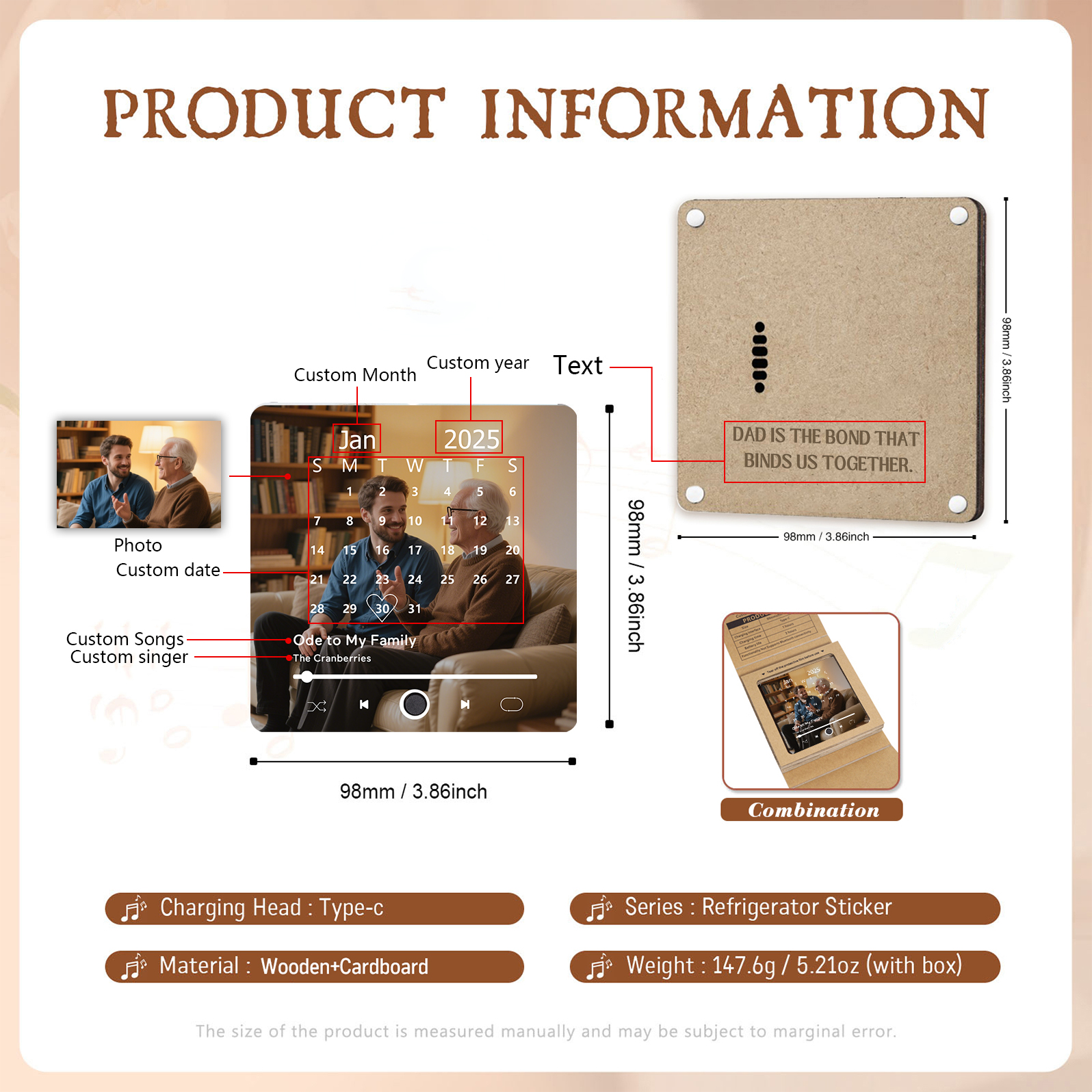 Custom Music Fridge Magnet with Calendar – Personalized Meaningful Photo & Song Family Gift for Any Occasion  | Lorajewel