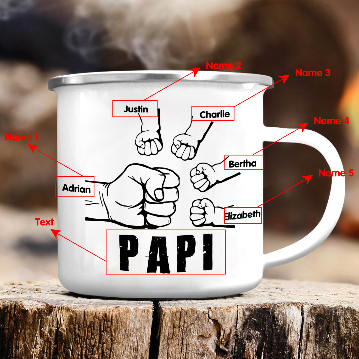 5 Names-Personalized Enamel Mug for Dad – Custom Names Fist Bump Design | Lorajewel