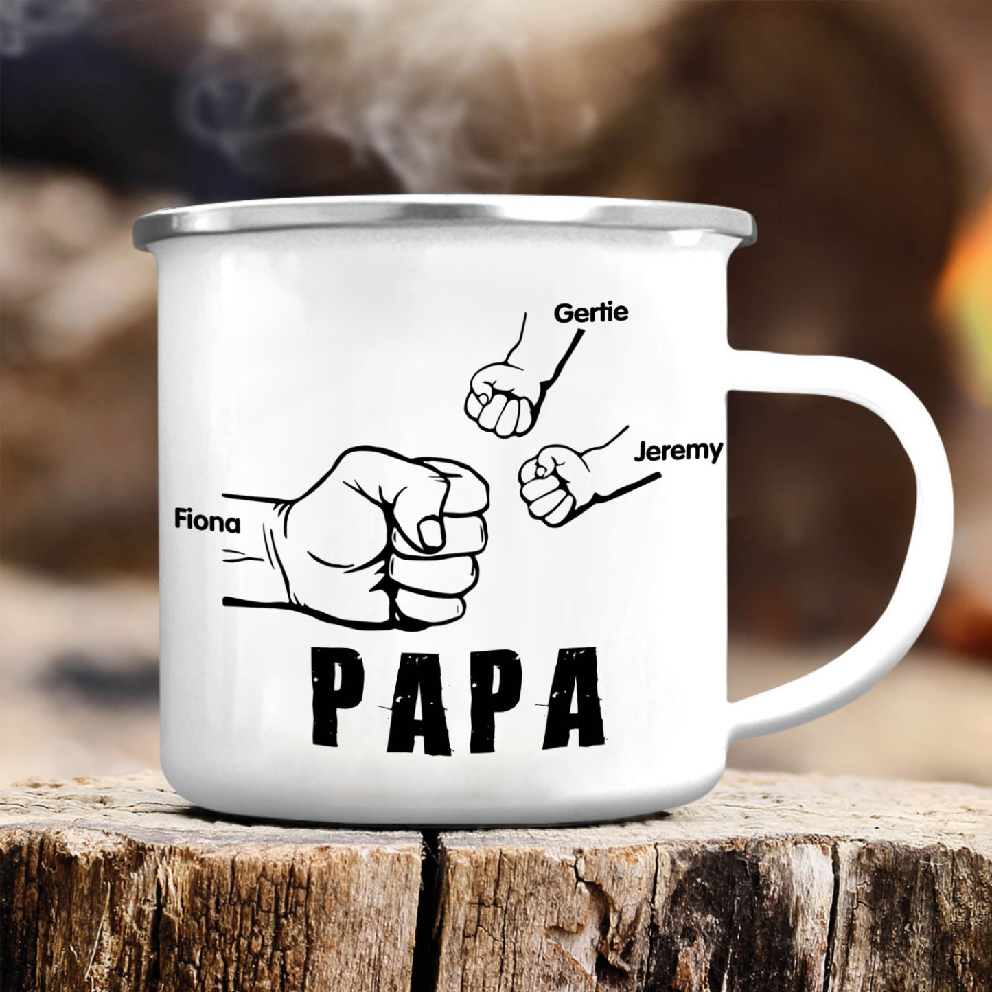 3 Names-Personalized Enamel Mug for Dad – Custom Names Fist Bump Design | Lorajewel
