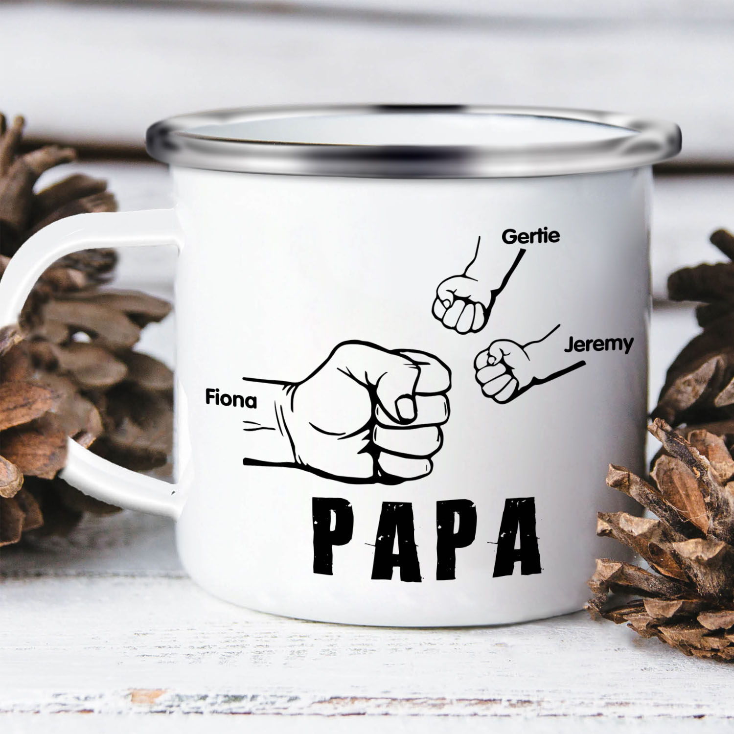 3 Names-Personalized Enamel Mug for Dad – Custom Names Fist Bump Design | Lorajewel