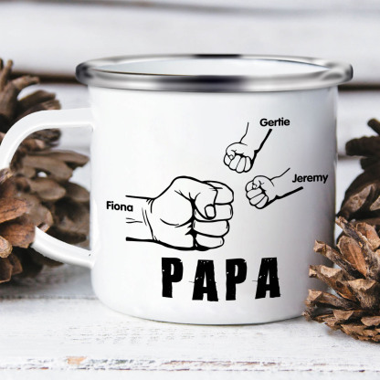 3 Names-Personalized Enamel Mug for Dad – Custom Names Fist Bump Design | Lorajewel