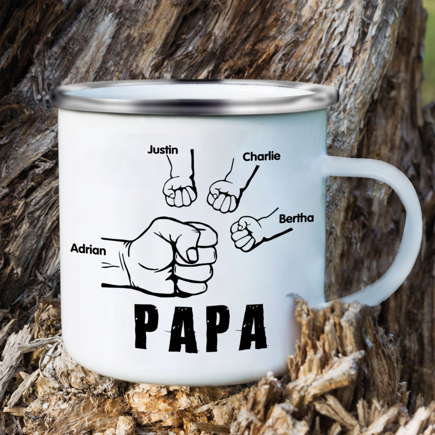 4 Names-Personalized Enamel Mug for Dad – Custom Names Fist Bump Design | Lorajewel