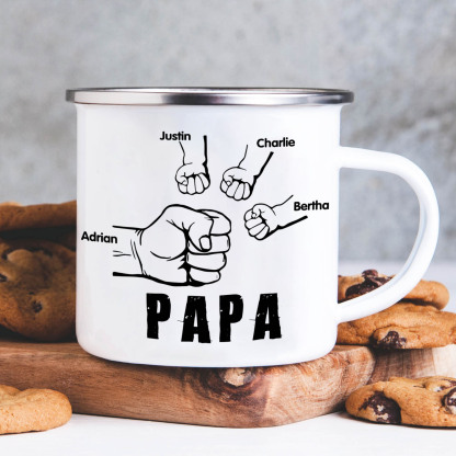 4 Names-Personalized Enamel Mug for Dad – Custom Names Fist Bump Design | Lorajewel