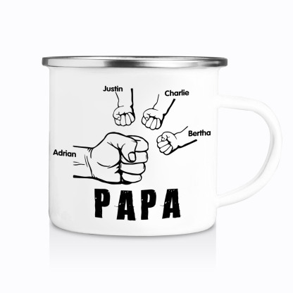 4 Names-Personalized Enamel Mug for Dad – Custom Names Fist Bump Desig