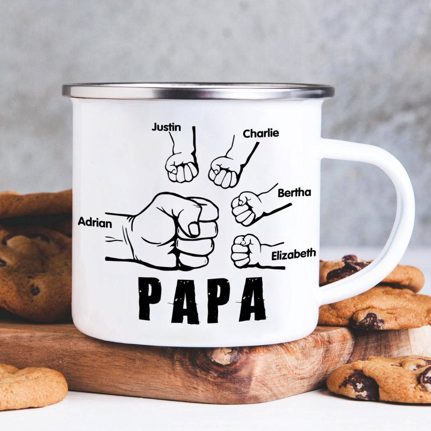 5 Names-Personalized Enamel Mug for Dad – Custom Names Fist Bump Design | Lorajewel