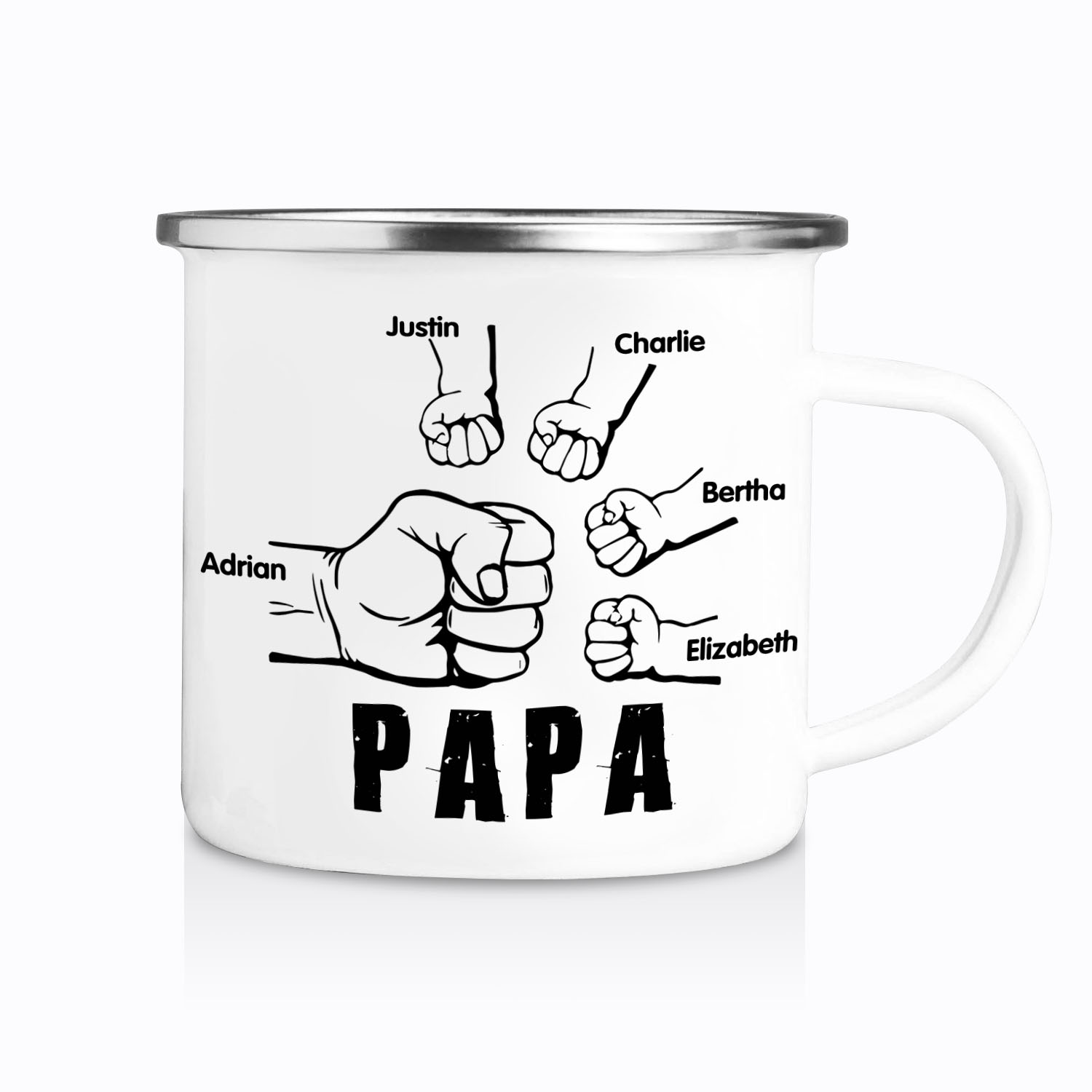 5 Names-Personalized Enamel Mug for Dad – Custom Names Fist Bump Desig