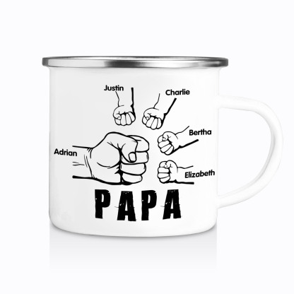 5 Names-Personalized Enamel Mug for Dad – Custom Names Fist Bump Desig