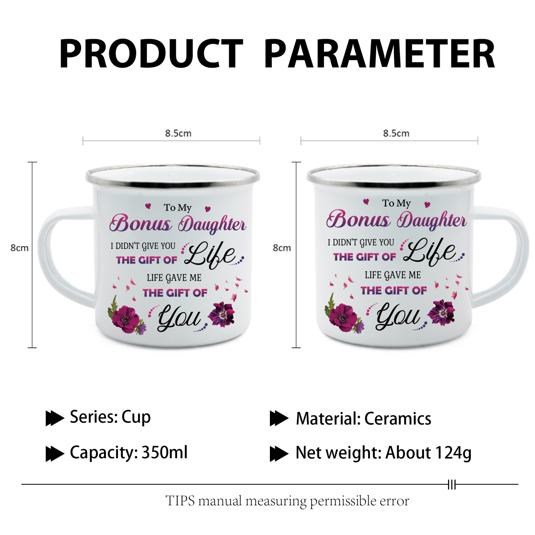 To My Bonus Daughter Christmas Gift Set with Violet Flower Heart Candle Holder Mug "Life Gave Me The Gift of You" Candlestick