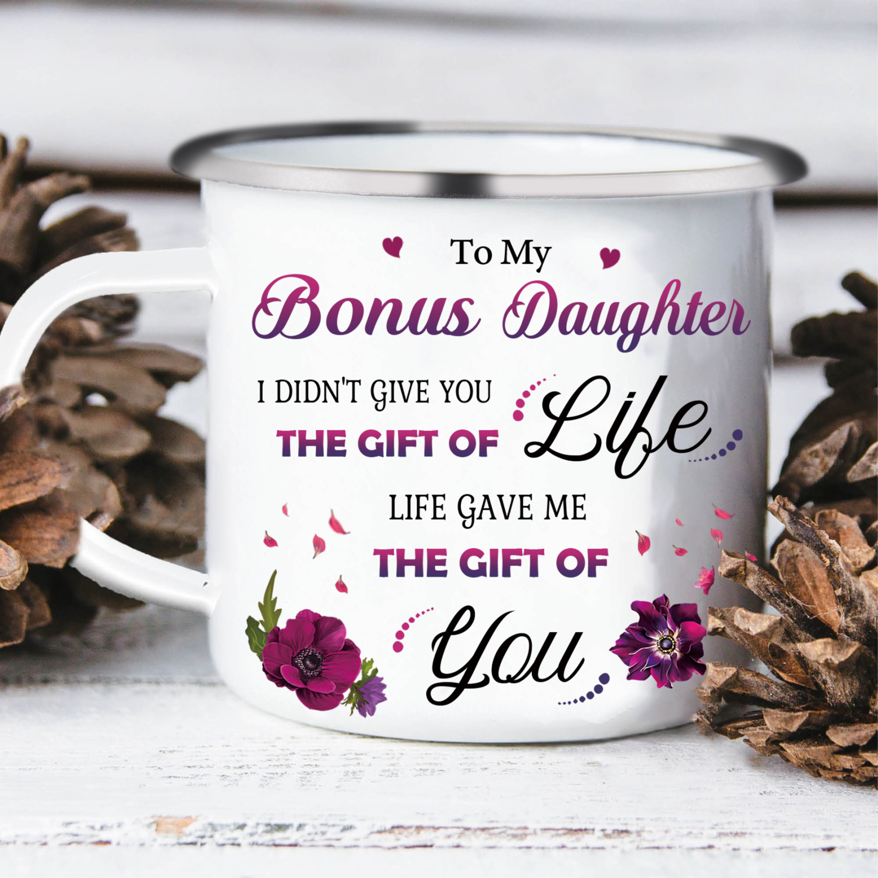 To My Bonus Daughter Christmas Gift Set with Violet Flower Heart Candle Holder Mug "Life Gave Me The Gift of You" Candlestick