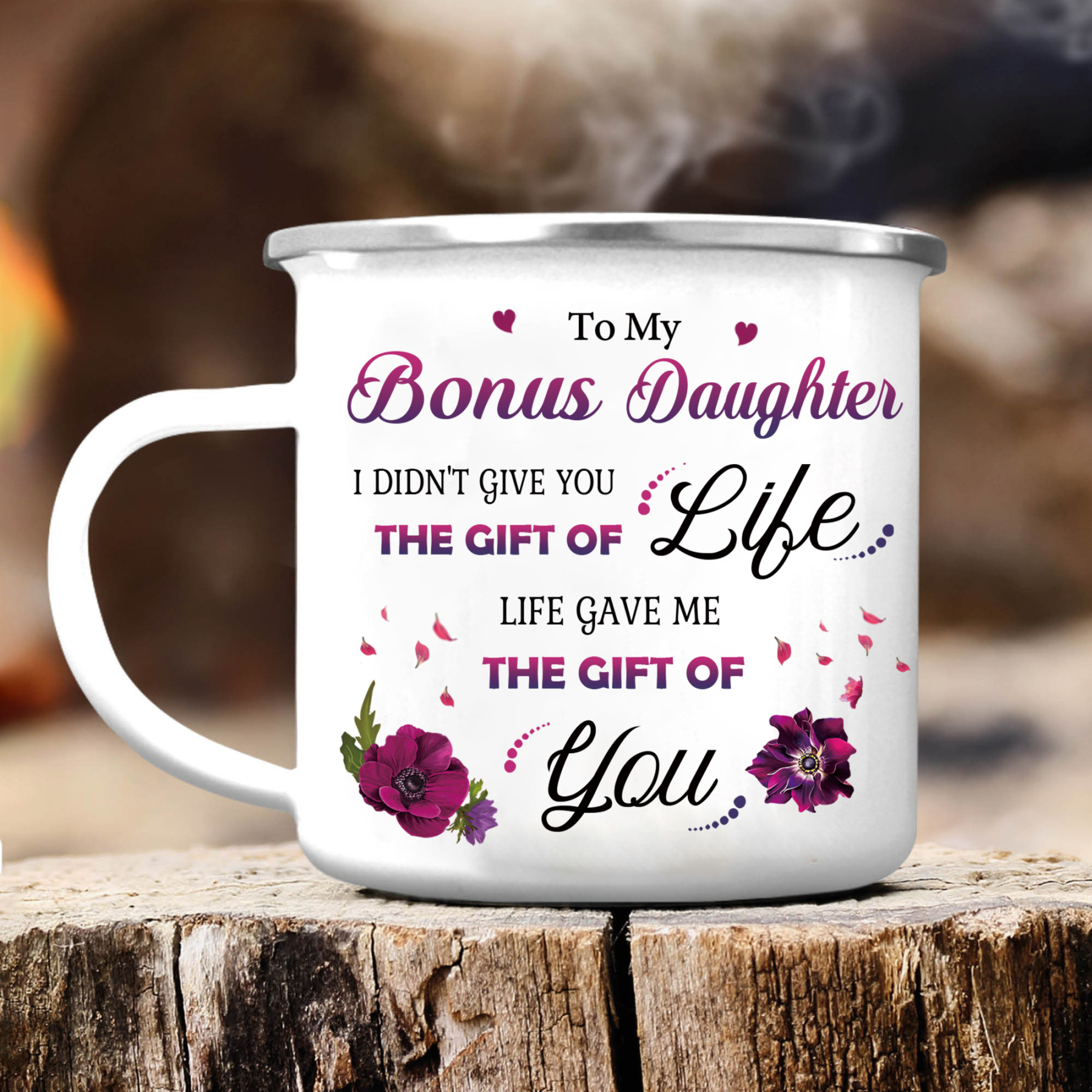 To My Bonus Daughter Christmas Gift Set with Violet Flower Heart Candle Holder Mug "Life Gave Me The Gift of You" Candlestick