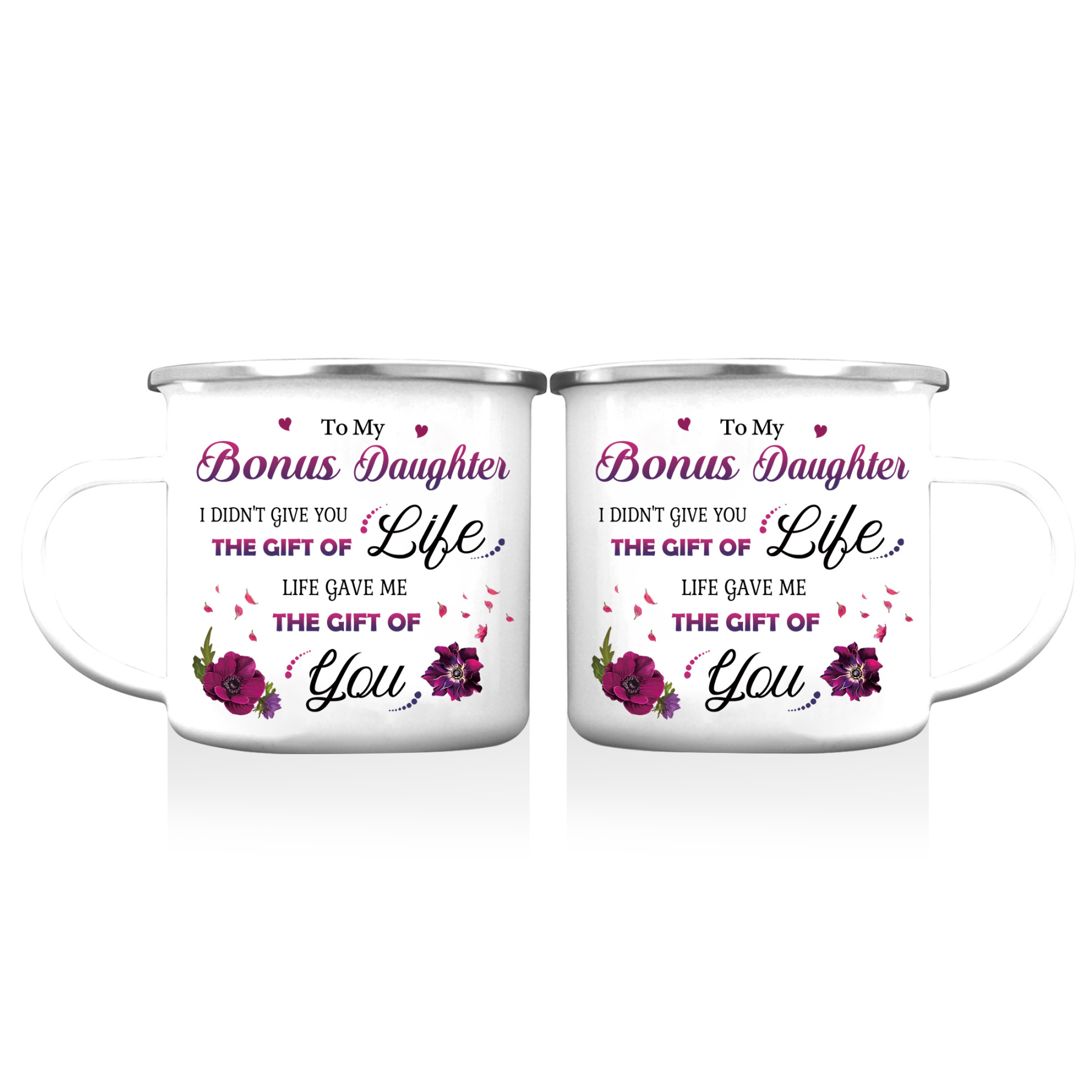 To My Bonus Daughter Christmas Gift Set with Violet Flower Heart Candle Holder Mug "Life Gave Me The Gift of You" Candlestick