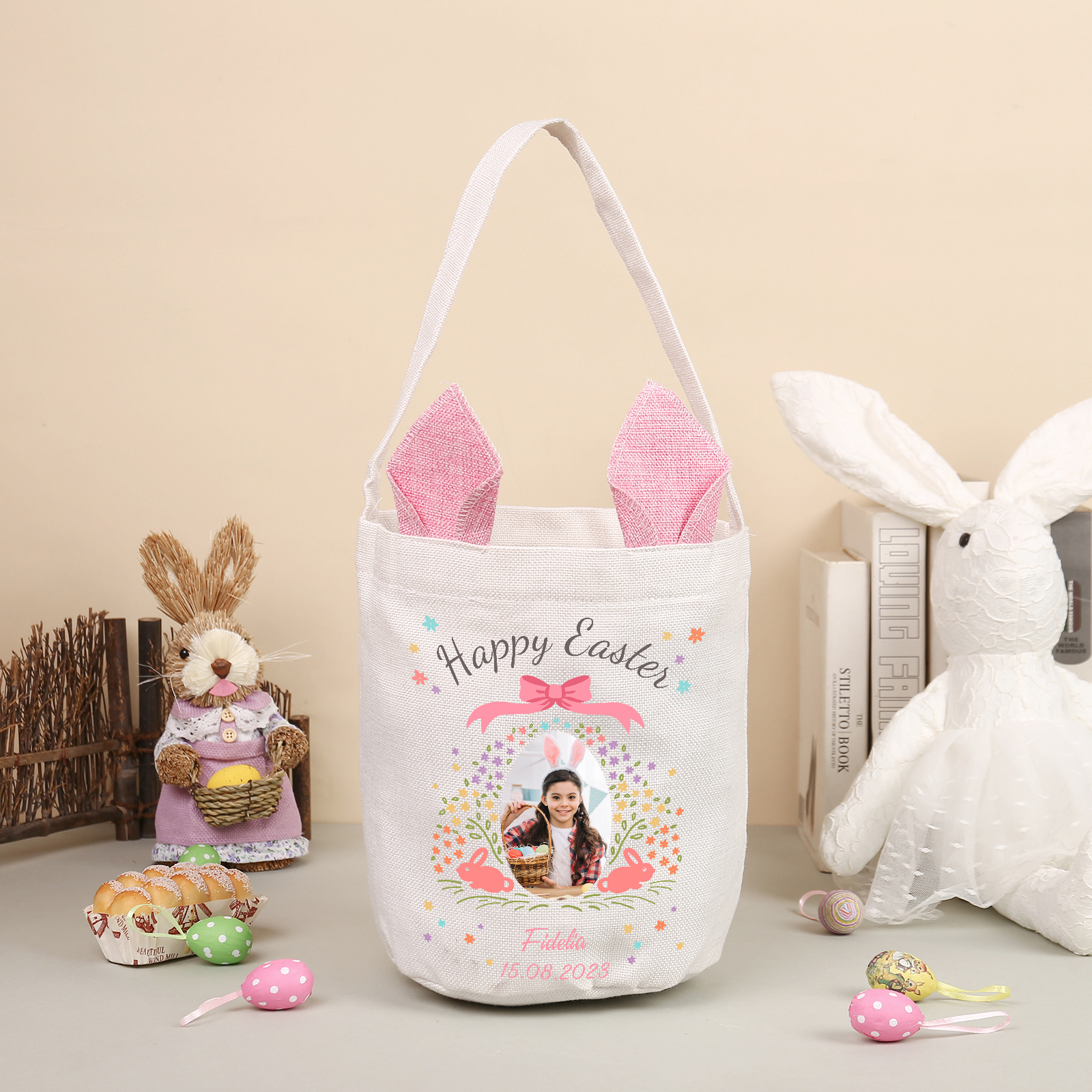 Personalized Photo Easter Tote Bag – Custom Name Bunny Bag – Reusable Linen Basket for Kids – Easter Egg Hunt Bag – Available in 3 Colors