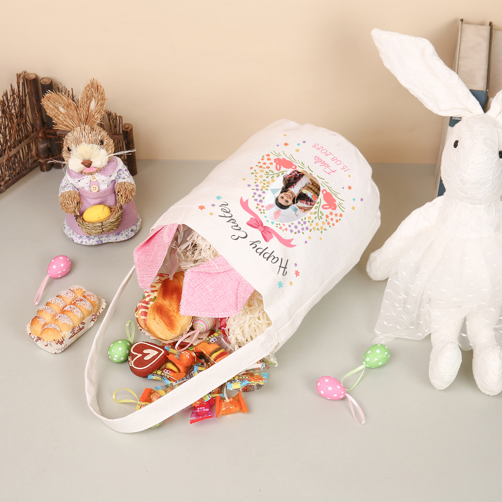 Personalized Photo Easter Tote Bag – Custom Name Bunny Bag – Reusable Linen Basket for Kids – Easter Egg Hunt Bag – Available in 3 Colors