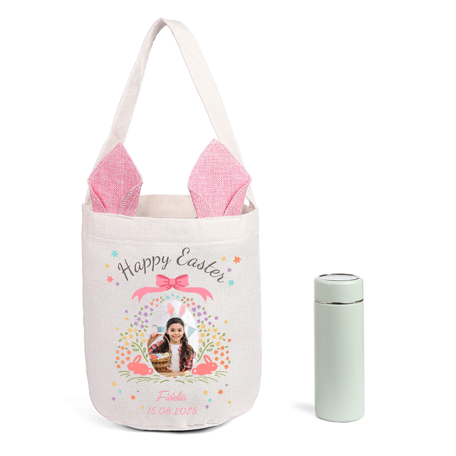 Personalized Photo Easter Tote Bag – Custom Name Bunny Bag – Reusable Linen Basket for Kids – Easter Egg Hunt Bag – Available in 3 Colors