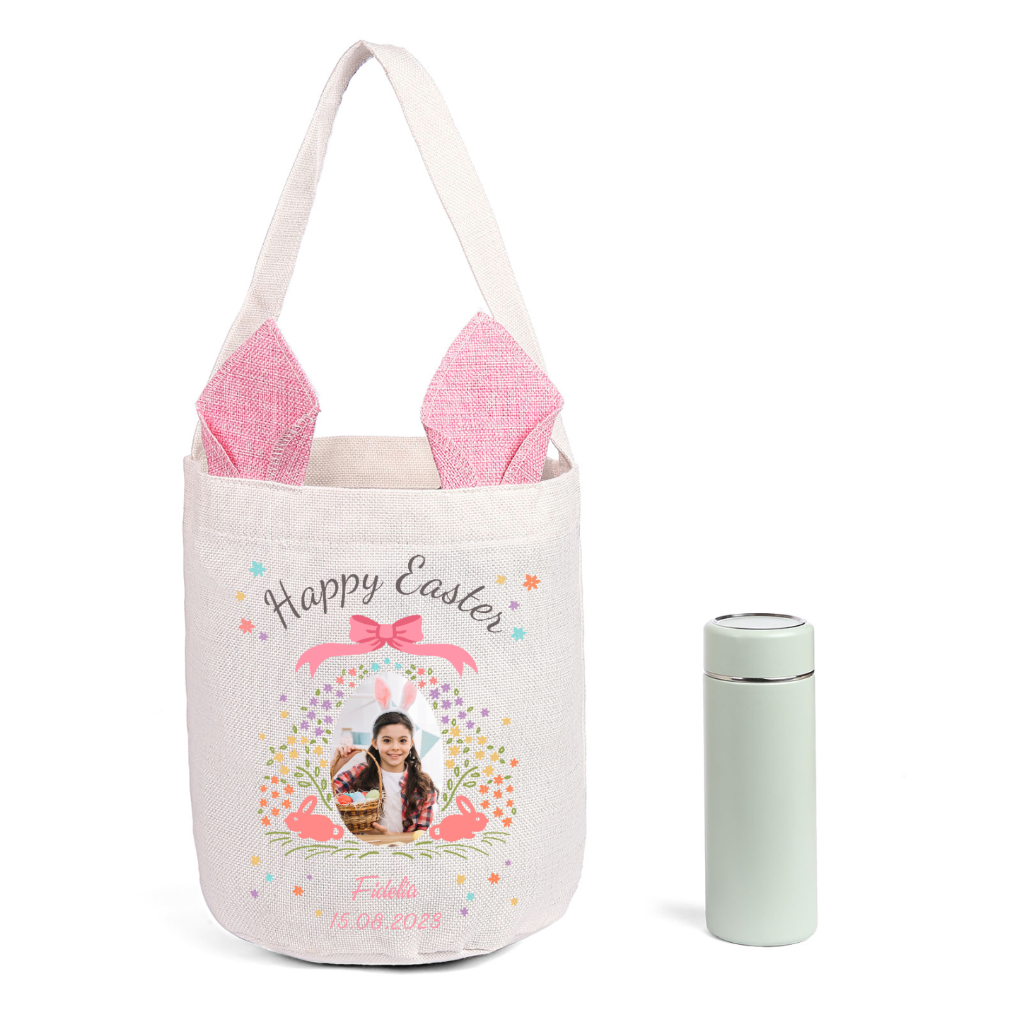 Personalized Photo Easter Tote Bag – Custom Name Bunny Bag – Reusable Linen Basket for Kids – Easter Egg Hunt Bag – Available in 3 Colors