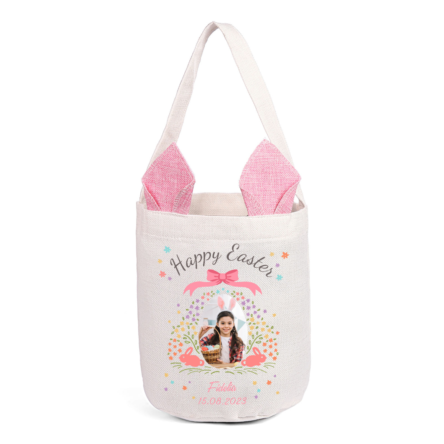 Personalized Photo Easter Tote Bag – Custom Name Bunny Bag – Reusable