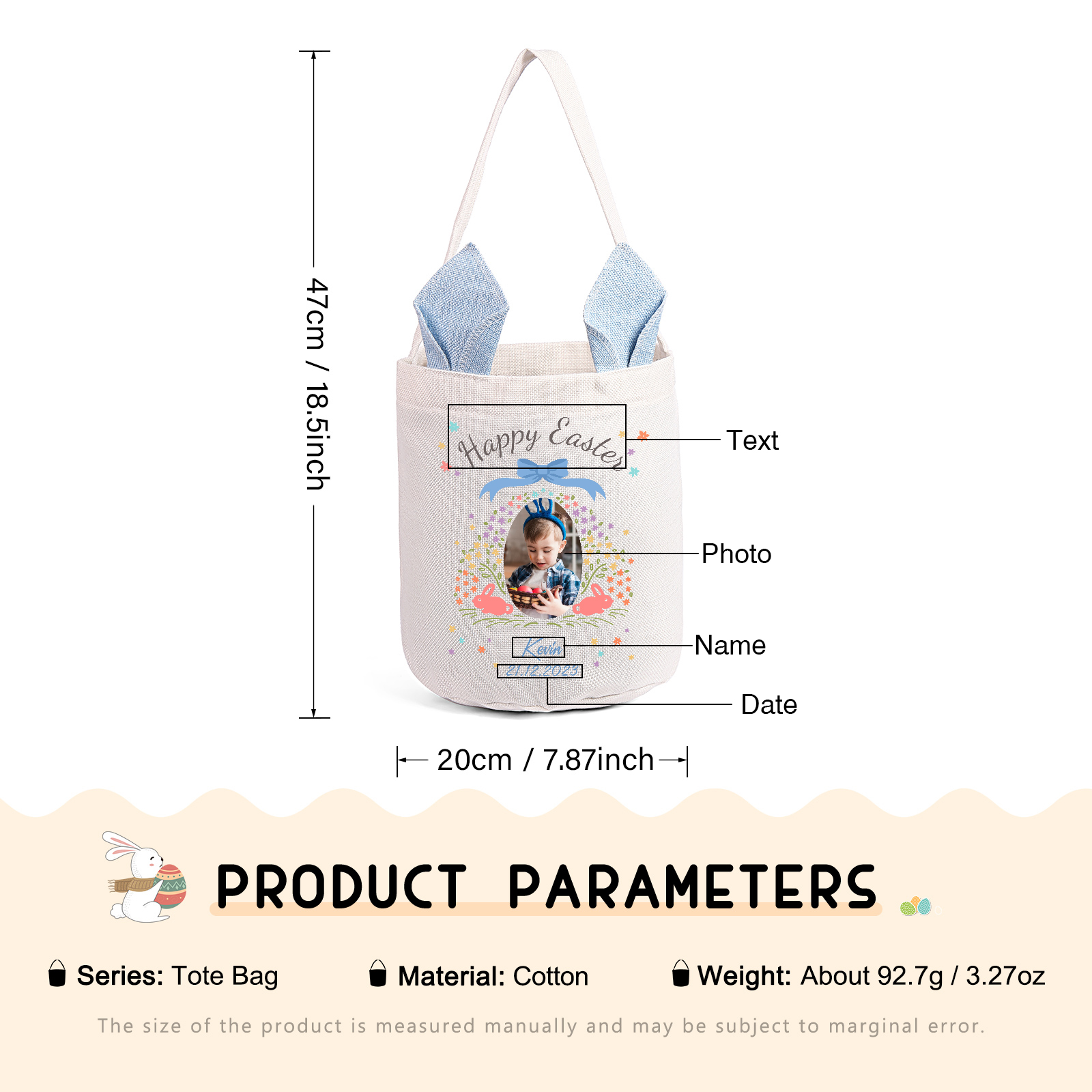 Personalized Photo Easter Tote Bag – Custom Name Bunny Bag – Reusable Linen Basket for Kids – Easter Egg Hunt Bag – Available in 3 Colors