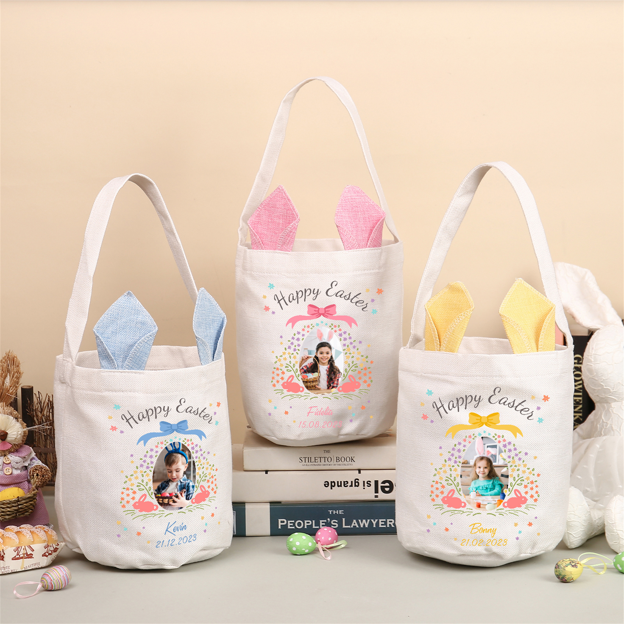 Personalized Photo Easter Tote Bag – Custom Name Bunny Bag – Reusable Linen Basket for Kids – Easter Egg Hunt Bag – Available in 3 Colors
