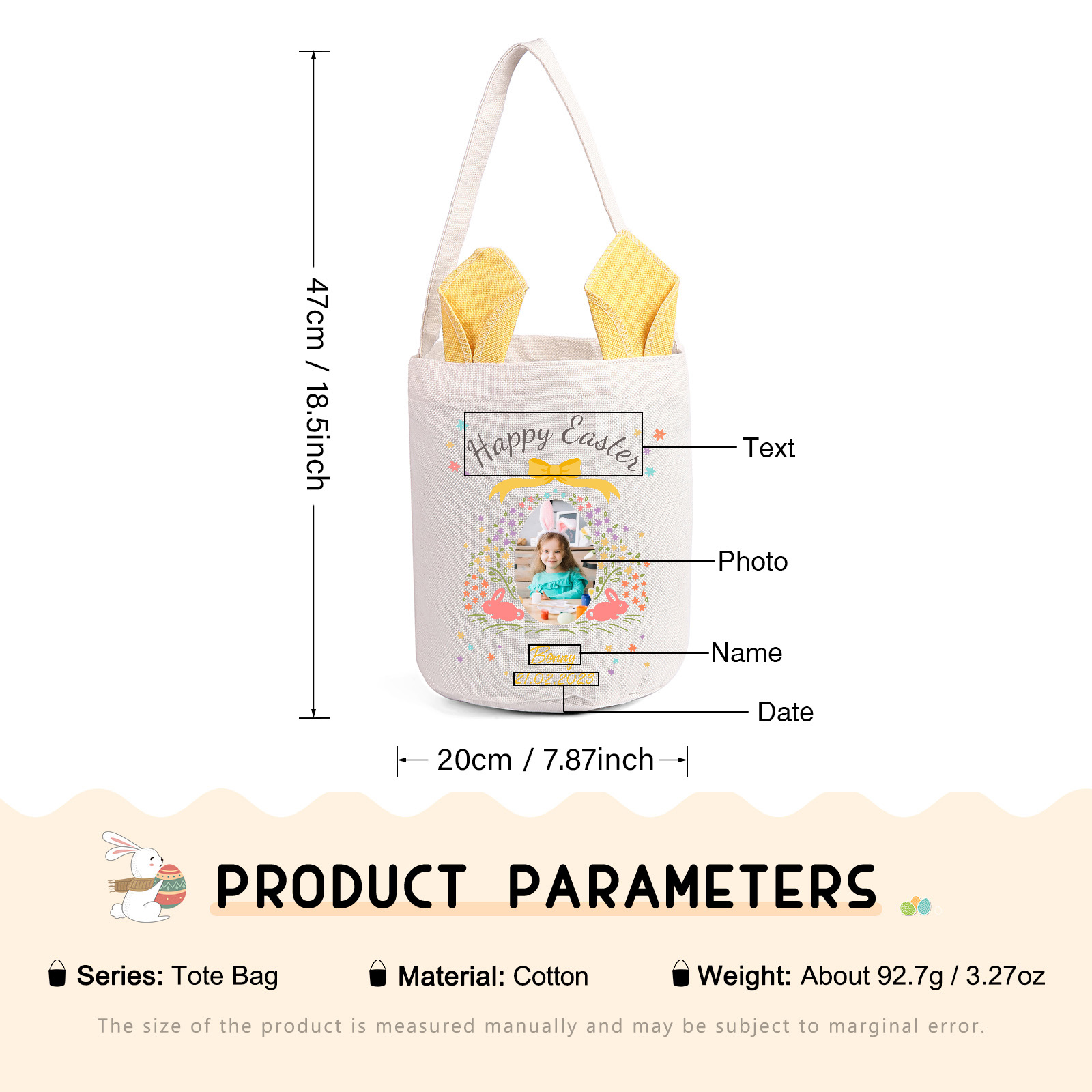 Personalized Photo Easter Tote Bag – Custom Name Bunny Bag – Reusable Linen Basket for Kids – Easter Egg Hunt Bag – Available in 3 Colors