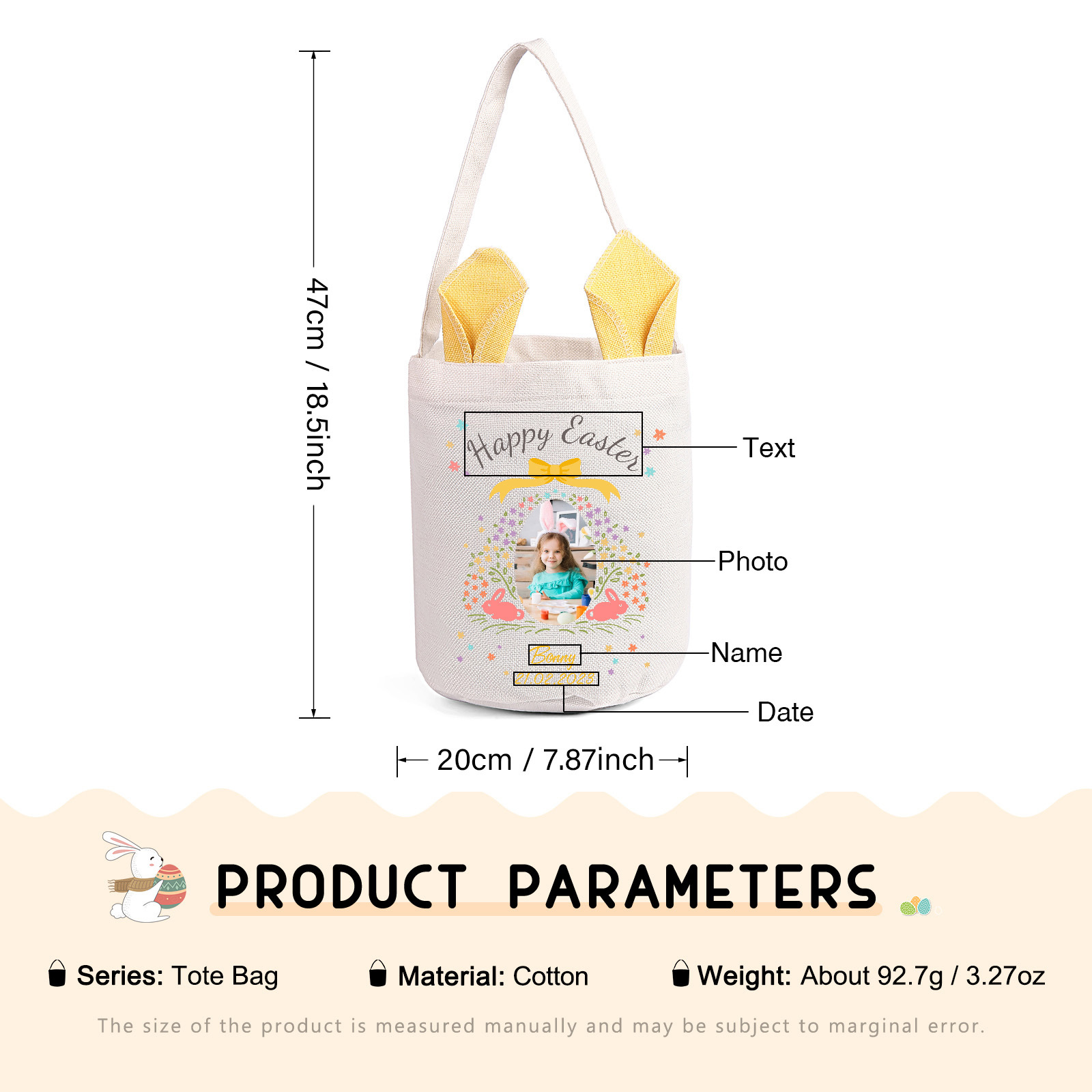 Personalized Photo Easter Tote Bag – Custom Name Bunny Bag – Reusable Linen Basket for Kids – Easter Egg Hunt Bag – Available in 3 Colors