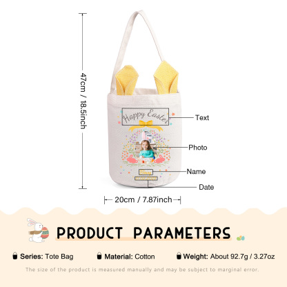 Personalized Photo Easter Tote Bag – Custom Name Bunny Bag – Reusable Linen Basket for Kids – Easter Egg Hunt Bag – Available in 3 Colors