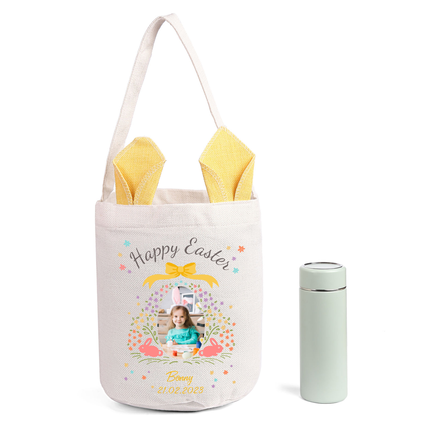 Personalized Photo Easter Tote Bag – Custom Name Bunny Bag – Reusable Linen Basket for Kids – Easter Egg Hunt Bag – Available in 3 Colors