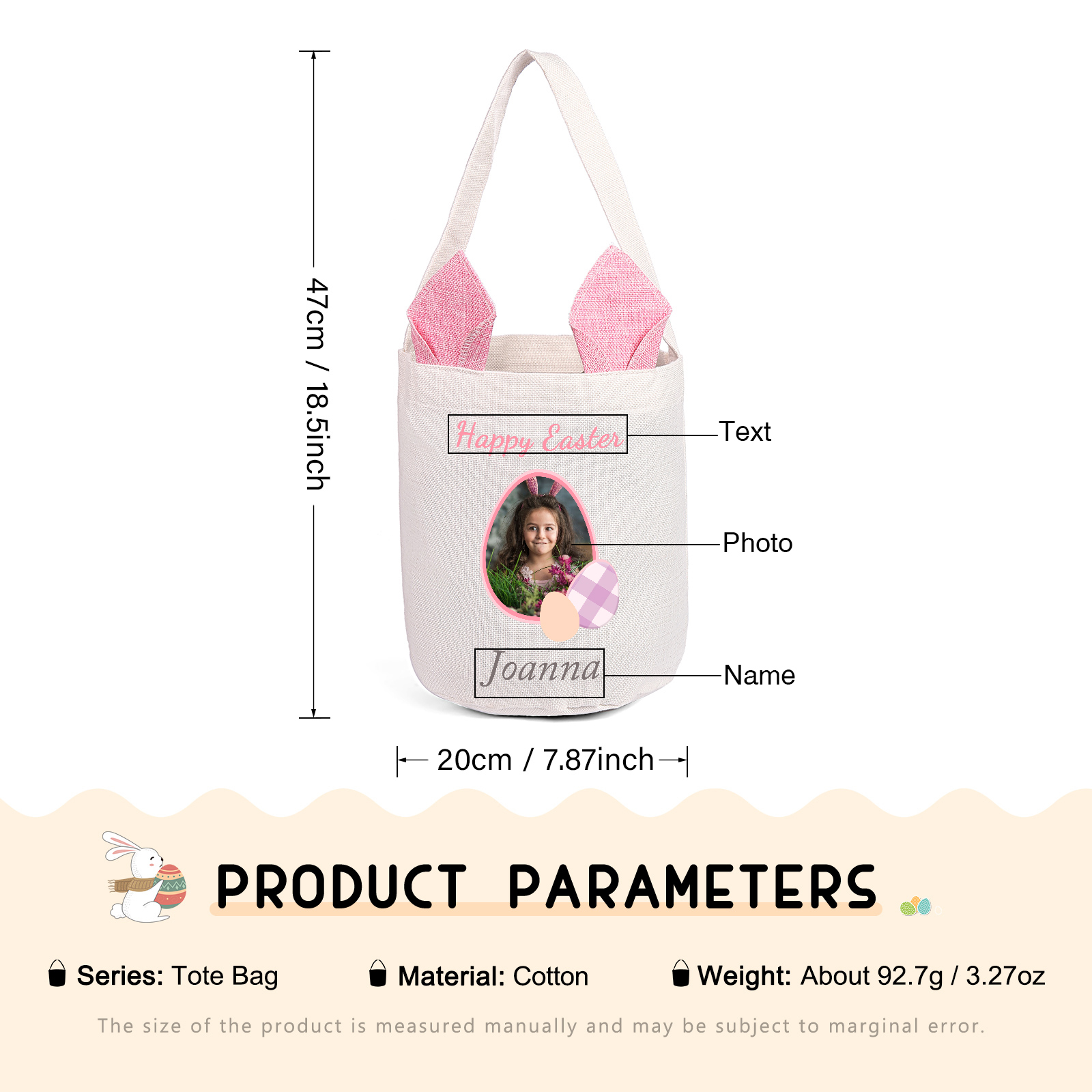 Personalized Easter Tote Bag – Custom Name Bunny Bag – Reusable Linen Basket for Kids – Easter Egg Hunt Bag – Available in 3 Colors