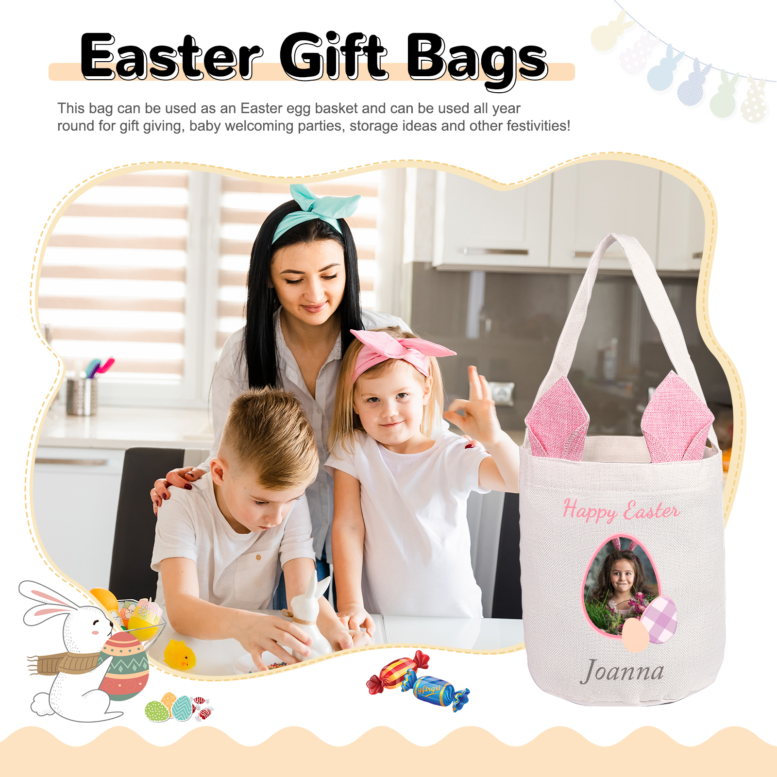 Personalized Easter Tote Bag – Custom Name Bunny Bag – Reusable Linen Basket for Kids – Easter Egg Hunt Bag – Available in 3 Colors