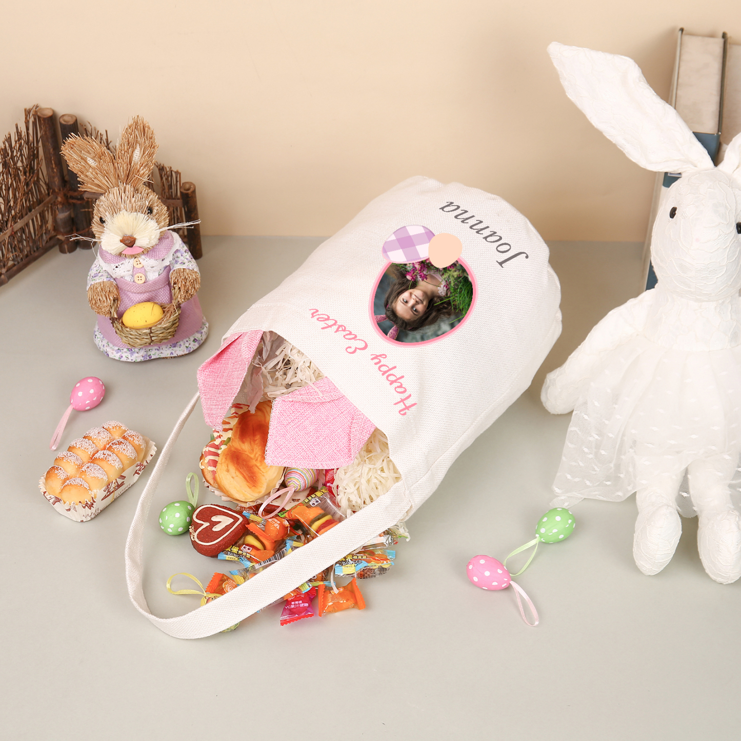 Personalized Easter Tote Bag – Custom Name Bunny Bag – Reusable Linen Basket for Kids – Easter Egg Hunt Bag – Available in 3 Colors