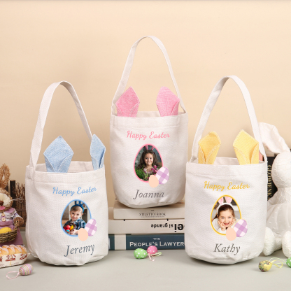 Personalized Easter Tote Bag – Custom Name Bunny Bag – Reusable Linen Basket for Kids – Easter Egg Hunt Bag – Available in 3 Colors