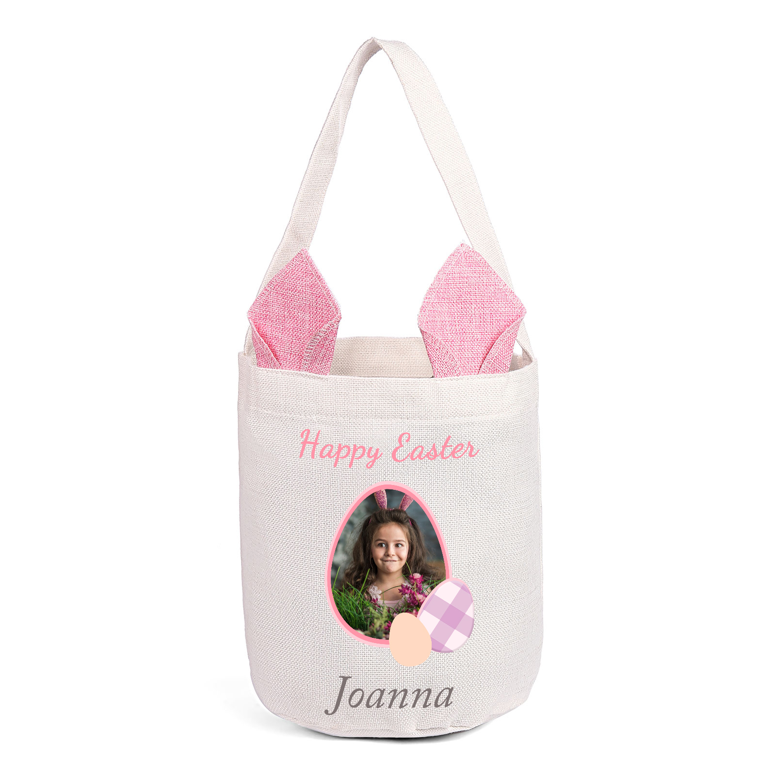 Personalized Easter Tote Bag – Custom Name Bunny Bag – Reusable Linen Basket for Kids – Easter Egg Hunt Bag – Available in 3 Colors