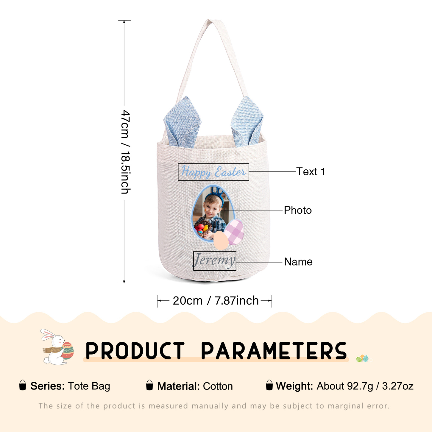 Personalized Easter Tote Bag – Custom Name Bunny Bag – Reusable Linen Basket for Kids – Easter Egg Hunt Bag – Available in 3 Colors